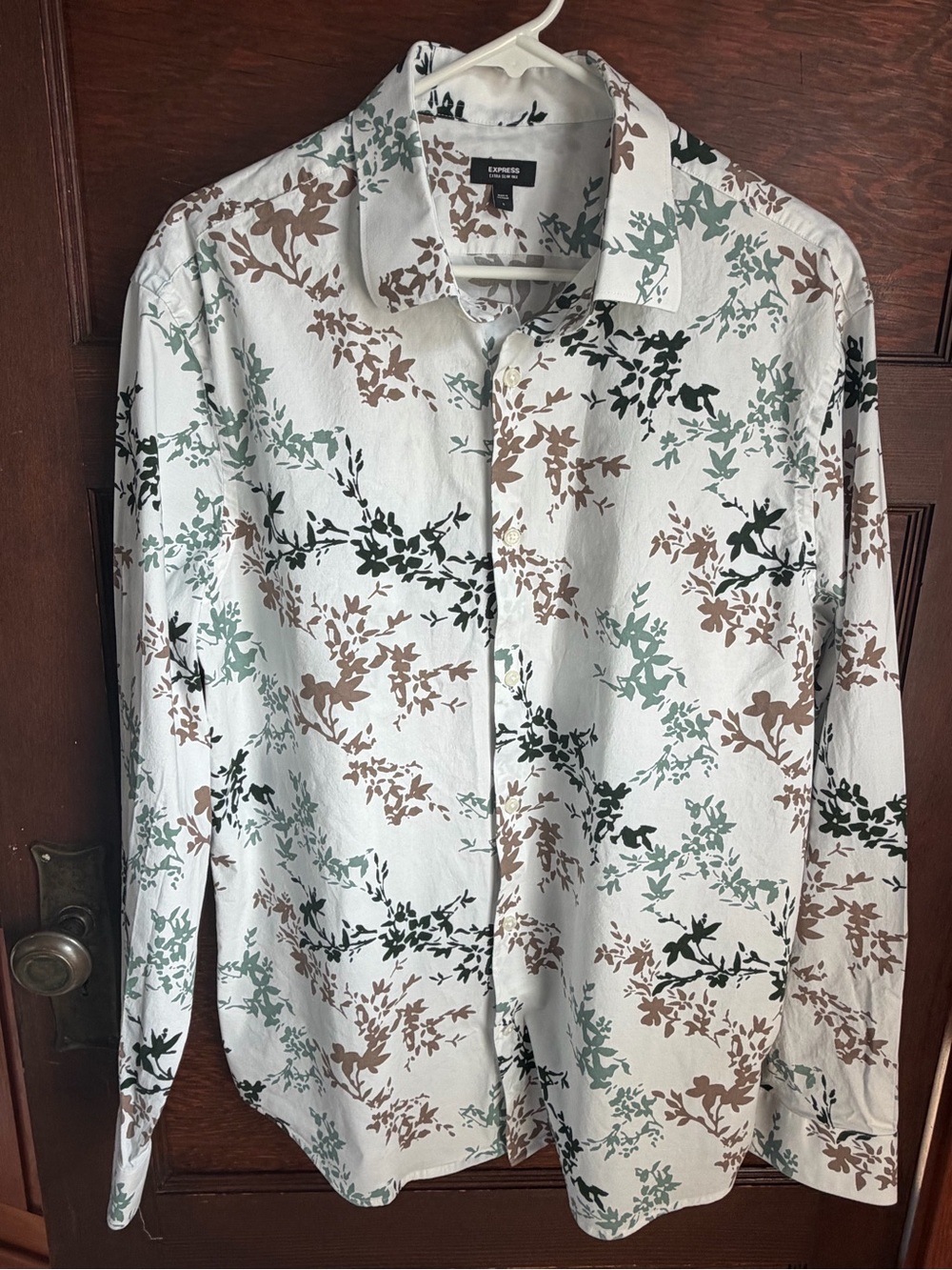 Express Men's White Floral Print Long-Sleeve Button-Down Shirt